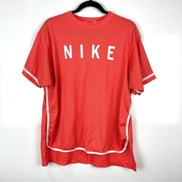 Nike Sportswear Short Sleeve Mesh Dri-Fit Jersey Top Orange/White Size Large - Picture 1 of 7